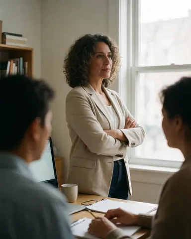 Portrait en buste d'une femme professionnelle souriante, vêtue d'un blazer et d'un jean, dans un bureau lumineux avec une fenêtre en arrière-plan.