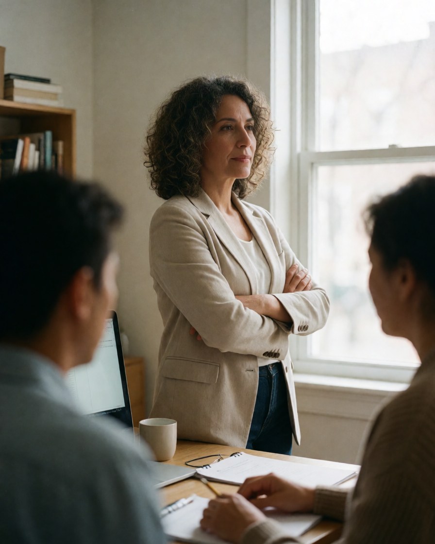 Portrait en buste d'une femme professionnelle souriante, vêtue d'un blazer et d'un jean, dans un bureau lumineux avec une fenêtre en arrière-plan.