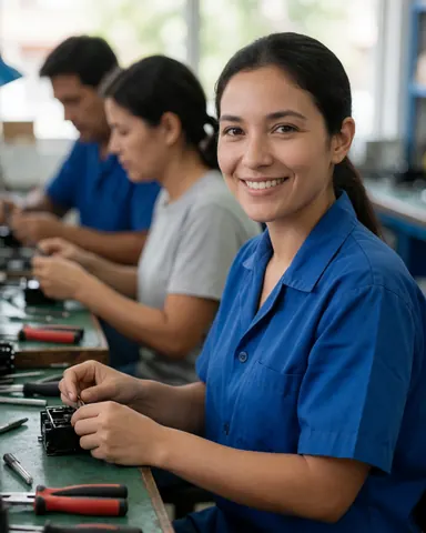 Technicienne en uniforme bleu réparant un smartphone sur une table avec des outils, souriante, avec d'autres personnes travaillant en arrière-plan.