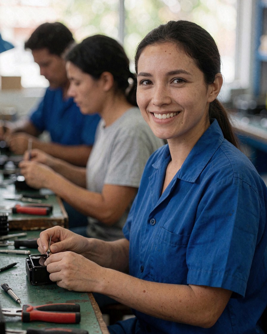 Technicienne en uniforme bleu réparant un smartphone sur une table avec des outils, souriante, avec d'autres personnes travaillant en arrière-plan.