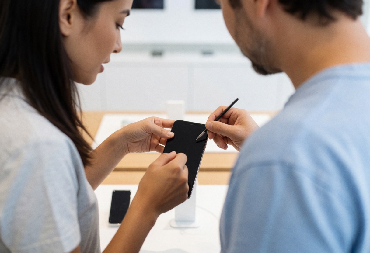 Un technicien montre le fonctionnement de l'écran tactile d'un smartphone à un client dans une boutique, tous deux touchant le dispositif.