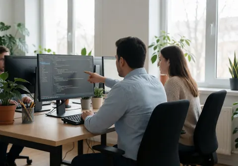 Deux professionnels travaillant sur des ordinateurs portables dans un espace de bureau moderne avec plantes et fenêtres.