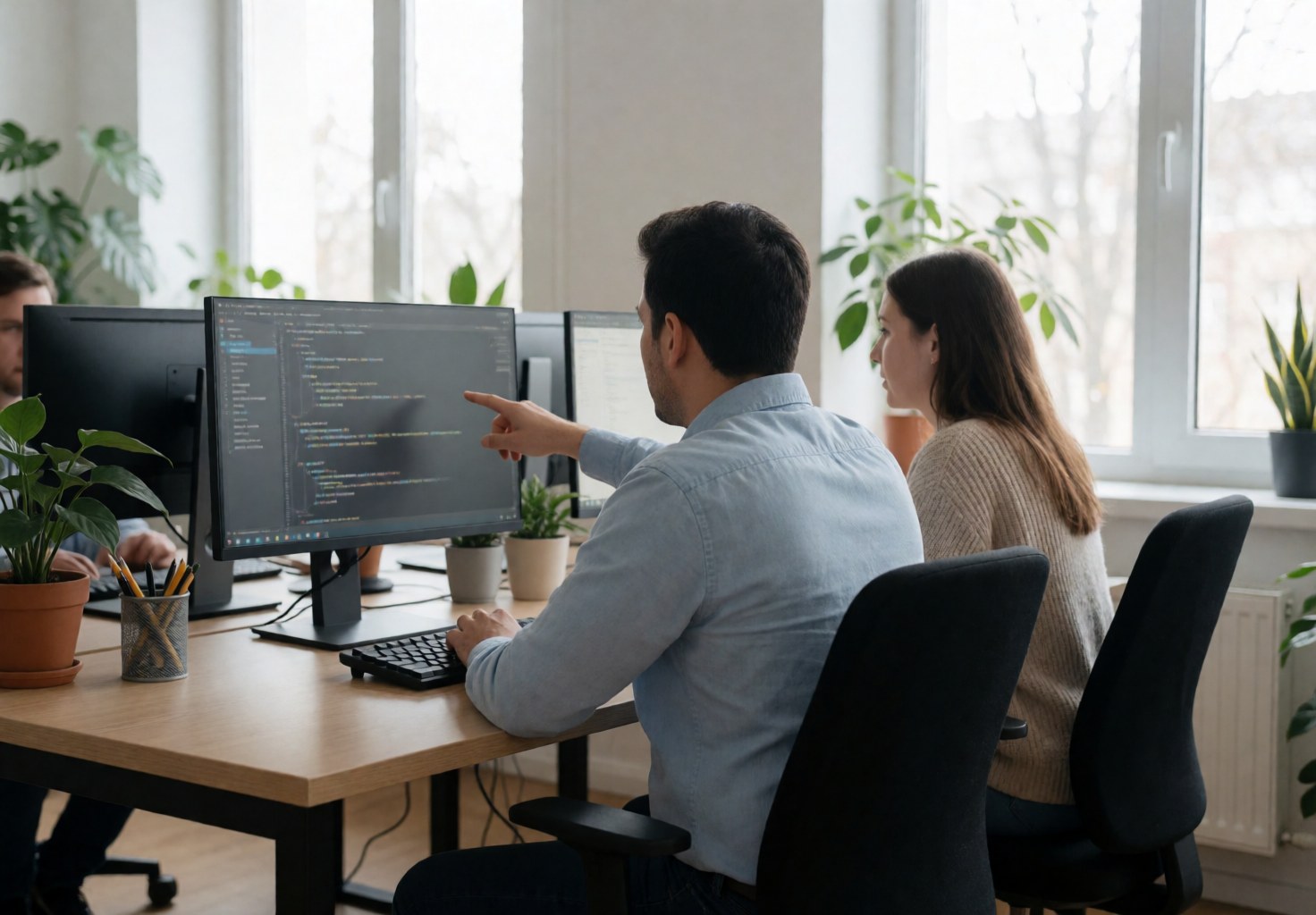 Deux professionnels travaillant sur des ordinateurs portables dans un espace de bureau moderne avec plantes et fenêtres.