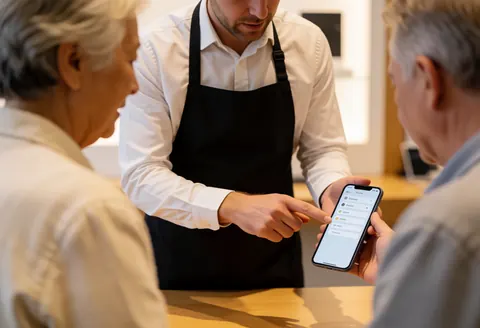 Un conseiller en magasin de technologie aide une personne âgée à utiliser son téléphone portable en lui montrant l'écran et les fonctions.