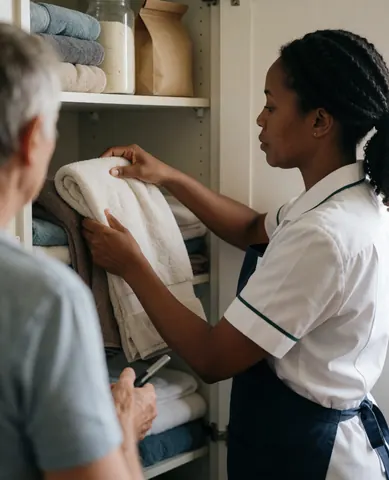 Une employée d'hôtel en uniforme blanc et bleu range des servisses blanches dans un placard pendant qu'un client observe la scène.