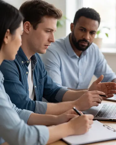 Trois personnes lors d'une réunion professionnelle dans un bureau, consultant un écran, prenant des notes et discutant d'un projet sous éclairage naturel.