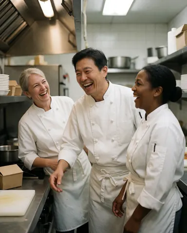 Vue d'une cuisine professionnelle d'hôtel où des chefs en uniforme blanc travaillent ensemble, illustrant la dynamique d'une équipe en pleine préparation culinaire.