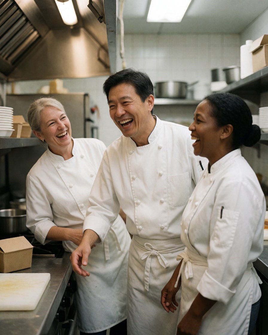 Vue d'une cuisine professionnelle d'hôtel où des chefs en uniforme blanc travaillent ensemble, illustrant la dynamique d'une équipe en pleine préparation culinaire.