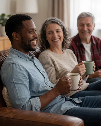 Un couple souriant savoure un café sur un canapé en cuir confortable dans son salon, manifestant sa satisfaction envers ses nouveaux meubles.