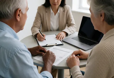 Un conseiller financier et deux clients âgés examinent des documents de retraite sur une table avec un ordinateur portable.
