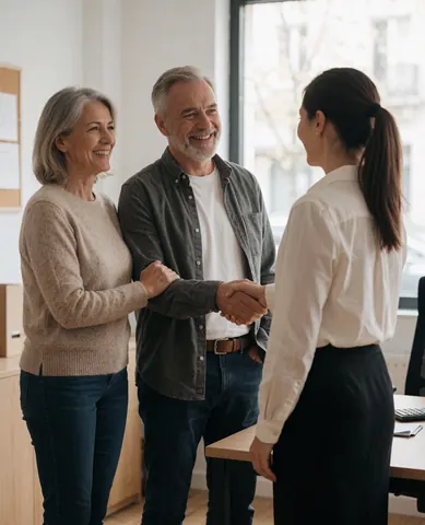 Un couple de seniors sourit et serre la main d'une conseillère dans un bureau lumineux avec meubles et fenêtres, créant une ambiance professionnelle et chaleureuse.