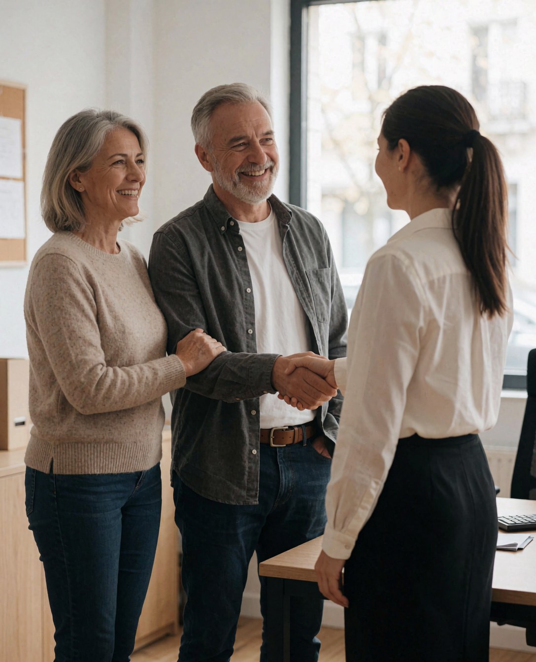Un couple de seniors sourit et serre la main d'une conseillère dans un bureau lumineux avec meubles et fenêtres, créant une ambiance professionnelle et chaleureuse.