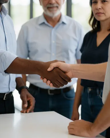 Un client souriant serre la main d'un instructeur dans un bureau moderne, exprimant sa gratitude pour un service éducatif de qualité.
