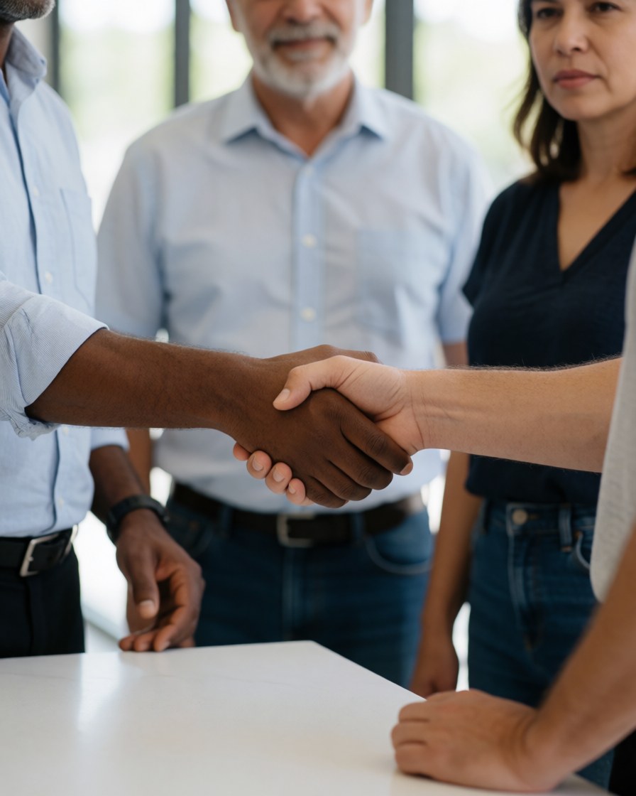 Un client souriant serre la main d'un instructeur dans un bureau moderne, exprimant sa gratitude pour un service éducatif de qualité.
