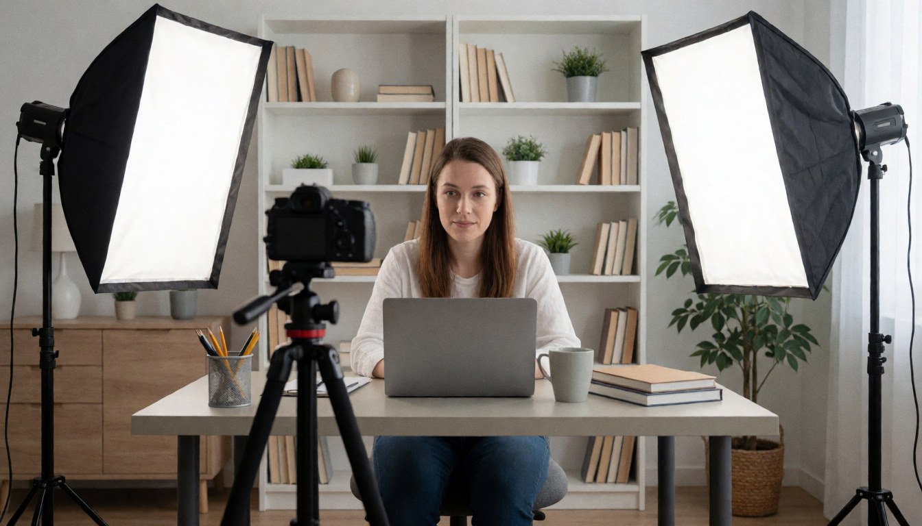 Une personne assise à une table avec un ordinateur, une caméra sur trépied et des lumières de studio, devant une étagère avec des livres et des plantes, prête à enregistrer un cours en ligne.