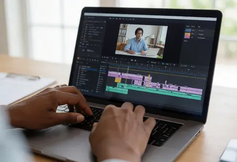Des mains travaillant sur un ordinateur portable avec un logiciel de montage vidéo affichant une timeline et une fenêtre de prévisualisation dans un environnement professionnel éclairé par la lumière naturelle.