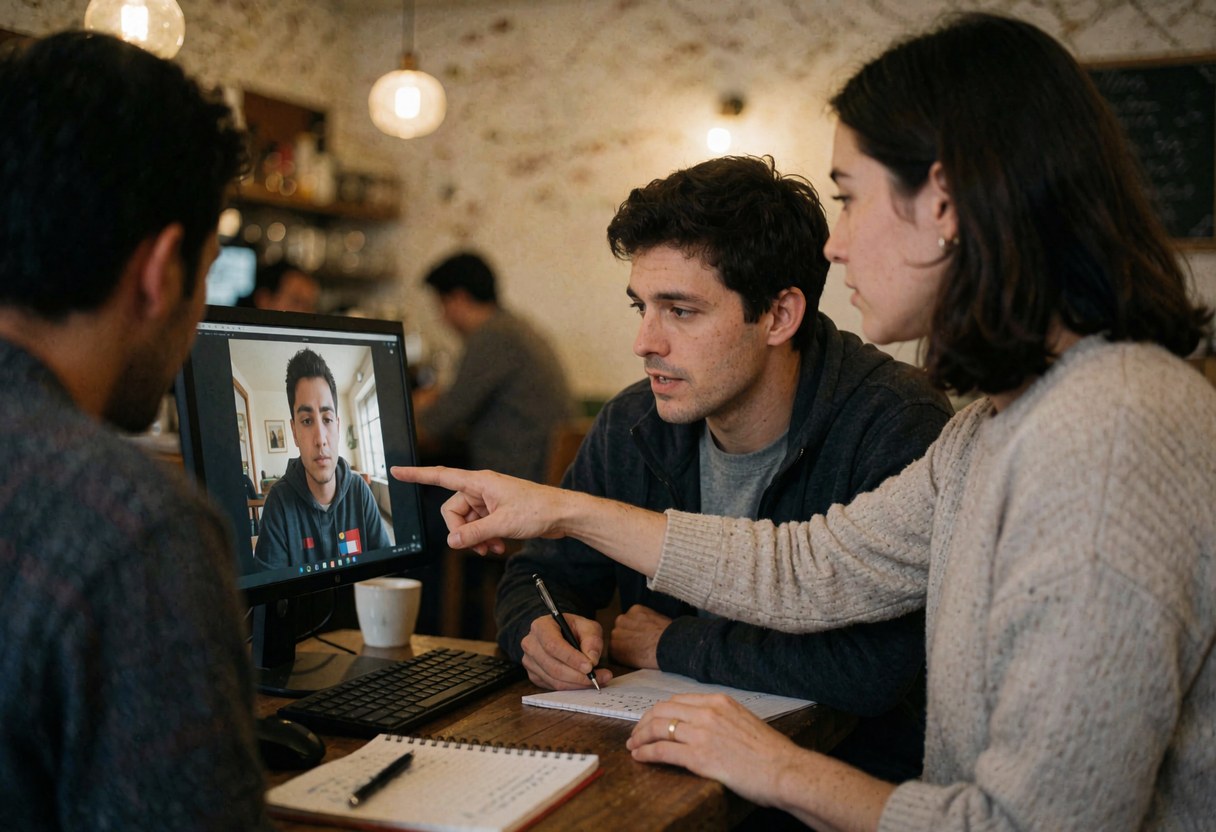 Une tutrice et un étudiant collaborent sur un ordinateur portable dans un café. La tutrice montre l'écran tandis que l'étudiant prend des notes, illustrant un apprentissage en ligne.