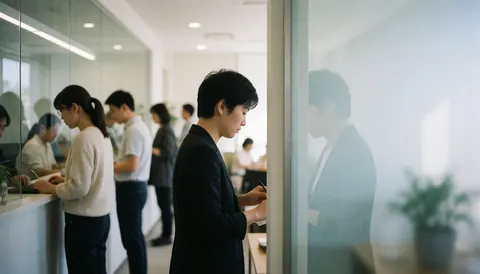 Jeune professionnel assis à un bureau moderne avec ordinateur, entouré de plantes et de verre dans un environnement lumineux et épuré.