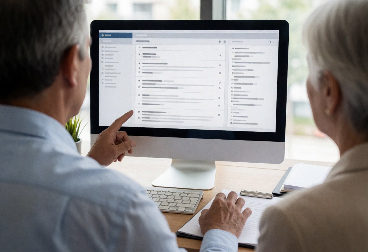 Un consultant en voyages aide un client à consulter des options de réservation sur un écran d'ordinateur dans un bureau moderne éclairé par la lumière naturelle.