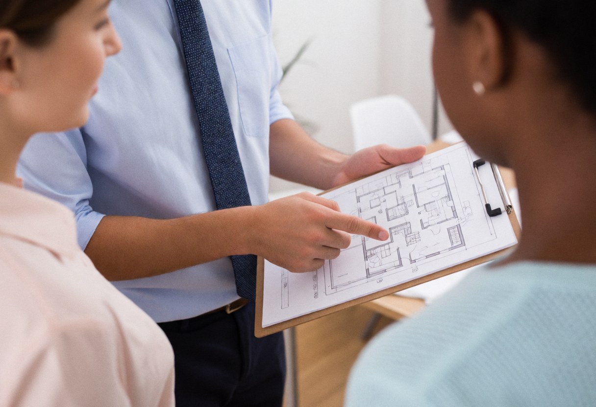 Un conseiller montre des plans architecturaux à deux clients en bureau. Il pointe des détails tandis que les clients observent attentivement, illustrant une réunion professionnelle.