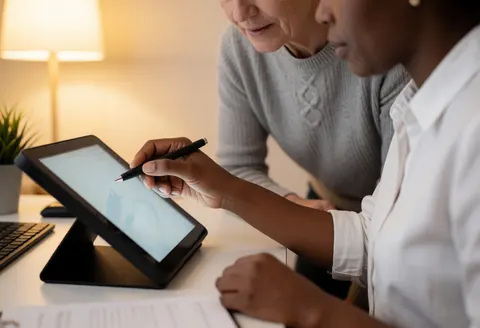 Un instructeur aide un client à utiliser une tablette avec un stylet sur un bureau, dans un intérieur chaleureux et lumineux.