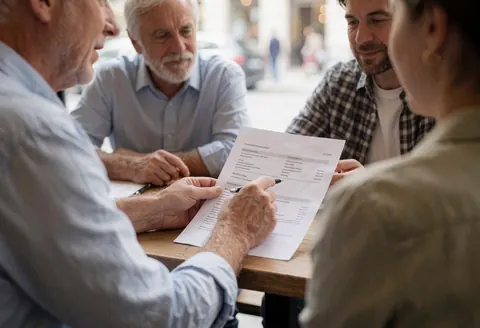 Un recruteur et un client discutent en consultant un document posé sur une table basse dans un cadre urbain éclairé par la lumière naturelle.