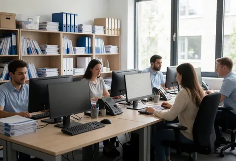 Un groupe de collaborateurs est concentré sur leur travail dans un espace de bureau lumineux et organisé, équipé de mobilier moderne.