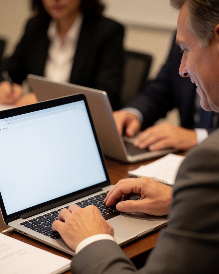 Un homme travaillant sur un ordinateur portable lors d'une réunion professionnelle avec d'autres collaborateurs dans un bureau moderne.