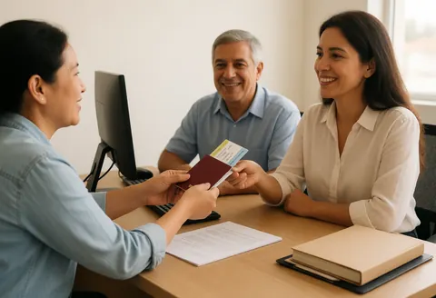 Agent souriant remettant passeport et billets à deux clients dans un bureau avec ordinateur et documents sur le bureau, lumière naturelle.