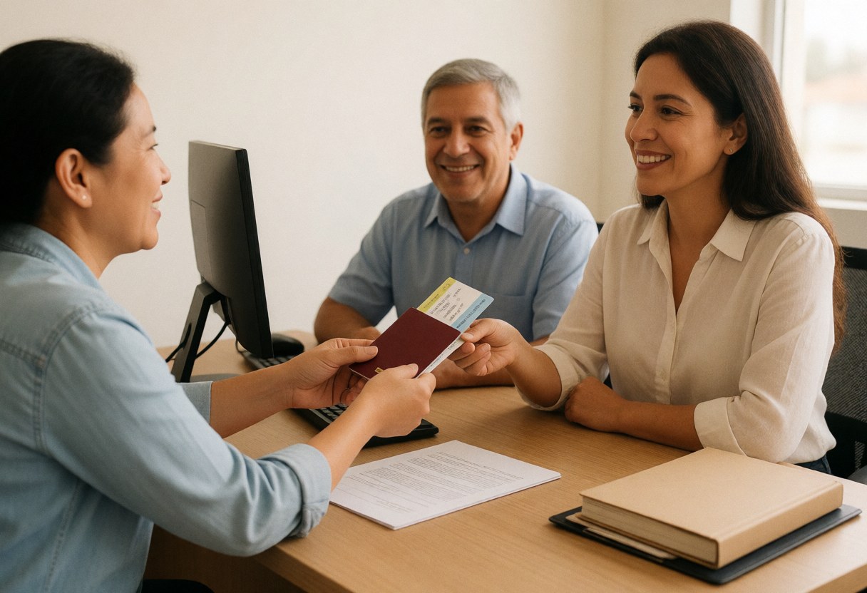 Agent souriant remettant passeport et billets à deux clients dans un bureau avec ordinateur et documents sur le bureau, lumière naturelle.