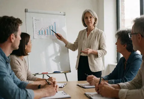 Une formatrice présente un graphique sur un tableau blanc à des adultes assis autour d'une table, prenant des notes dans un cadre professionnel.