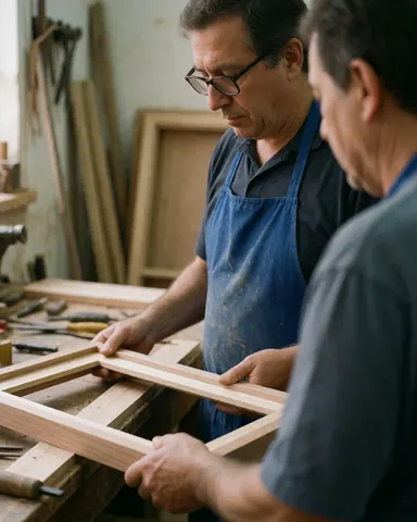 Deux hommes travaillent ensemble dans un atelier de menuiserie, assemblant un cadre en bois avec des outils et du matériel autour.