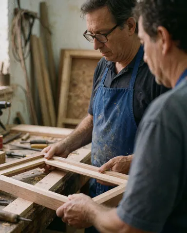 Deux hommes travaillent ensemble dans un atelier de menuiserie, assemblant un cadre en bois avec des outils et du matériel autour.