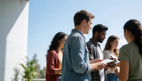 Étudiants universitaires prennent des notes sous un ciel bleu sur un campus moderne avec espace pour texte.