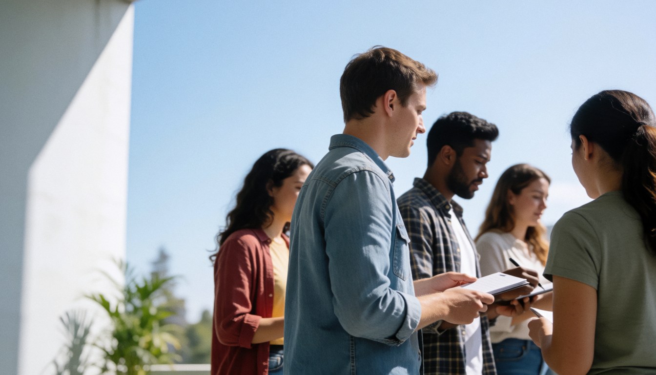 Étudiants universitaires prennent des notes sous un ciel bleu sur un campus moderne avec espace pour texte.