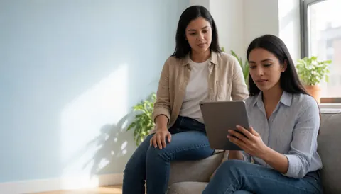 Une femme utilise une tablette et un ordinateur portable pour suivre des cours en ligne depuis le confort de son salon.