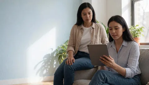 Une femme utilise une tablette et un ordinateur portable pour suivre des cours en ligne depuis le confort de son salon.
