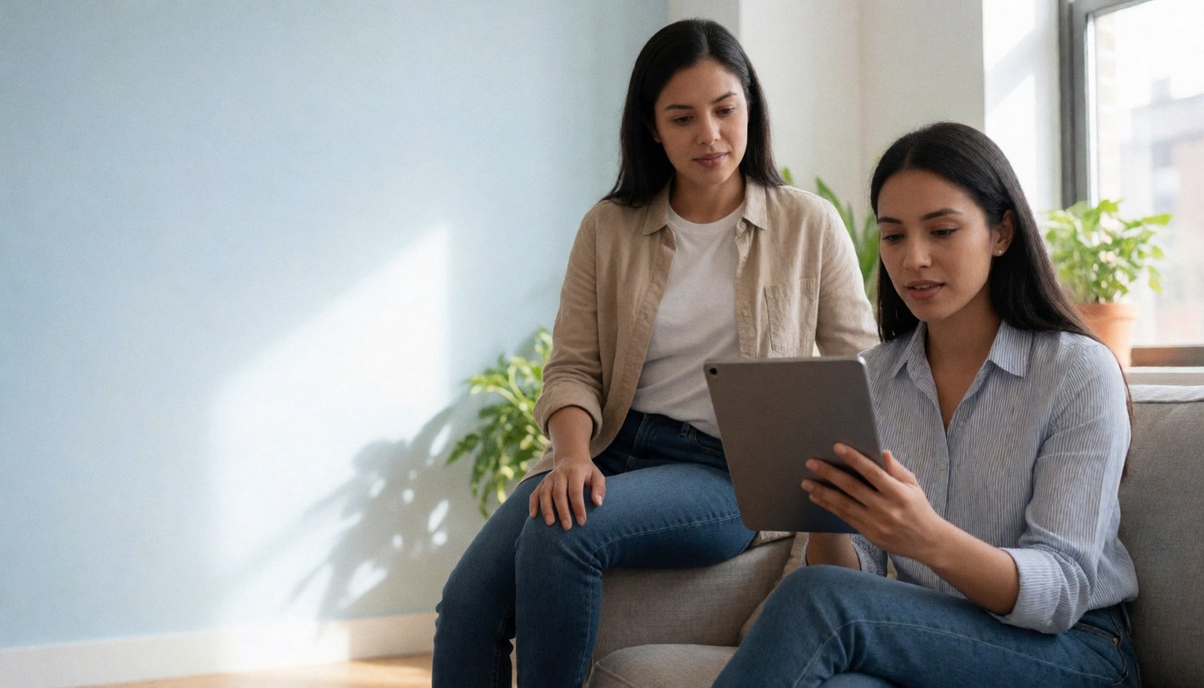 Une femme utilise une tablette et un ordinateur portable pour suivre des cours en ligne depuis le confort de son salon.