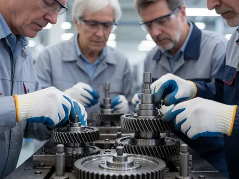 Quatre ouvriers en gants et lunettes ajustent des engrenages métalliques brillants dans une usine industrielle sous lumière froide.