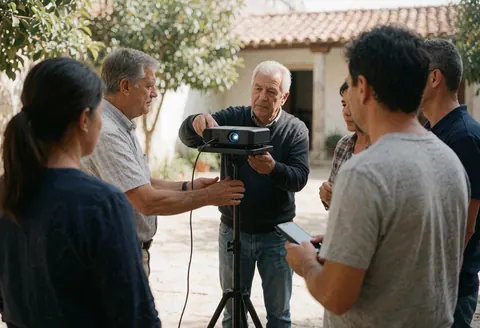Un consultant ajuste un projecteur dans une cour pendant qu'un groupe de personnes observe, illustrant une formation en action en extérieur.