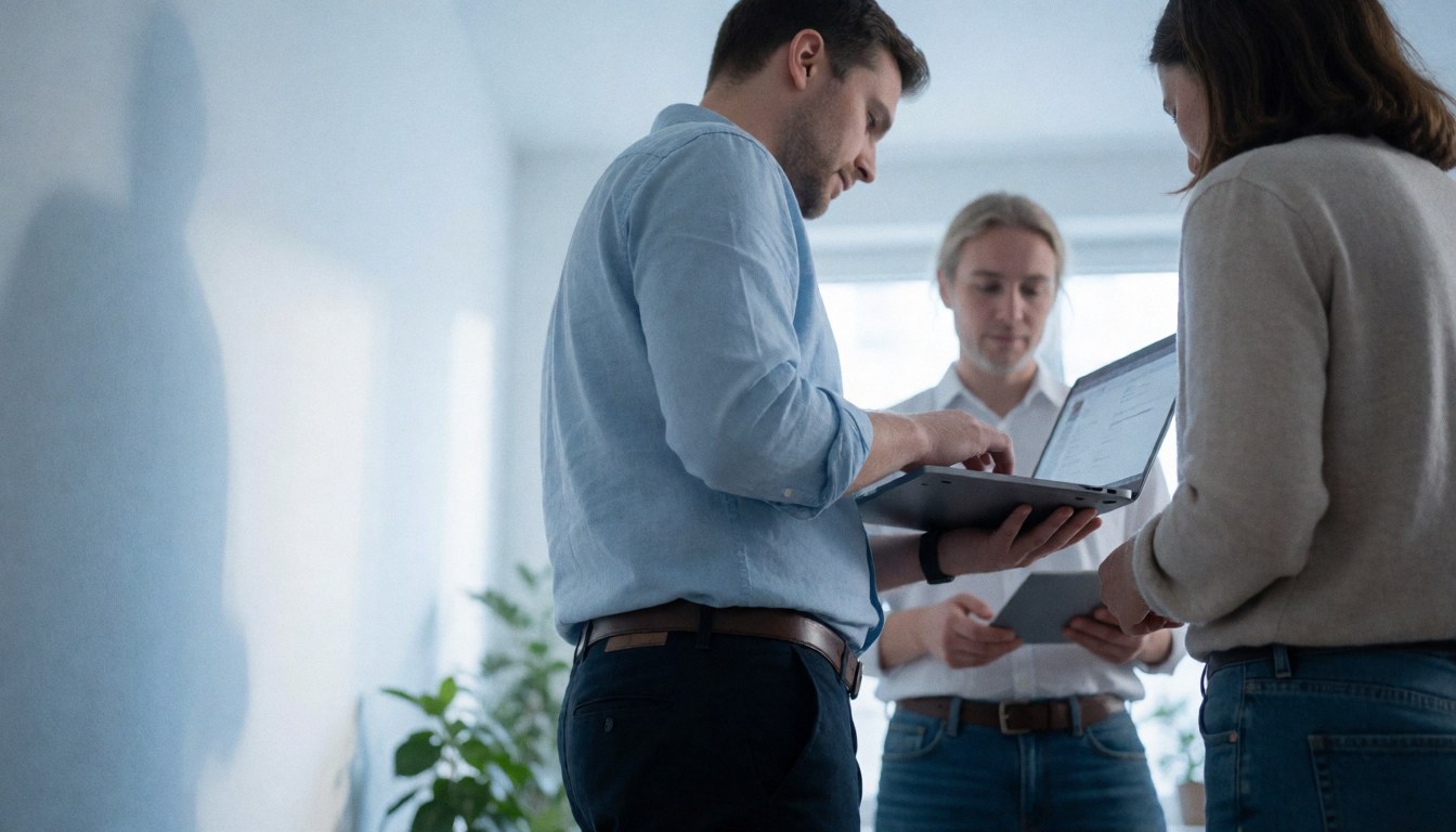 Trois développeurs collaborant sur un ordinateur portable dans un bureau moderne éclairé par la lumière naturelle, mettant en avant le travail technique et la coopération d'équipe.
