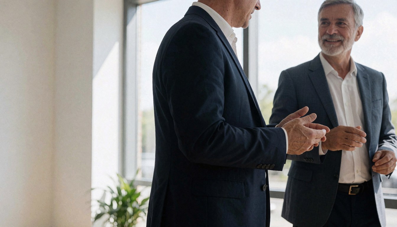 Deux hommes d'affaires en costume conversant près de fenêtres et plantes dans un couloir lumineux.