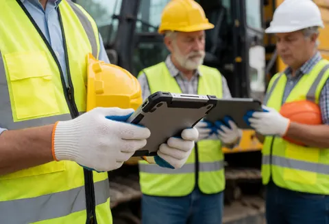 Un technicien portant un casque et un gilet de sécurité examine des informations sur une tablette numérique au milieu d'un chantier de construction extérieur.