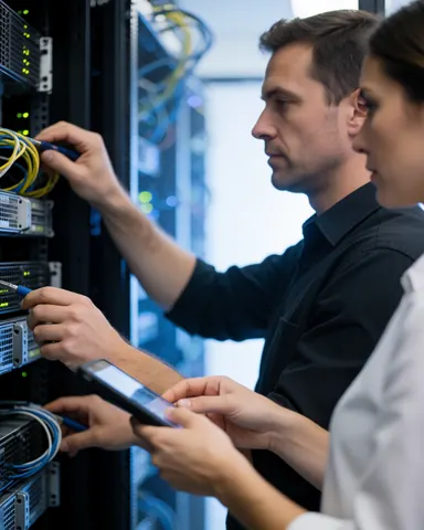 Un technicien et une femme connectent des câbles à des serveurs dans un centre de données avec un éclairage bleu et un fond flou.