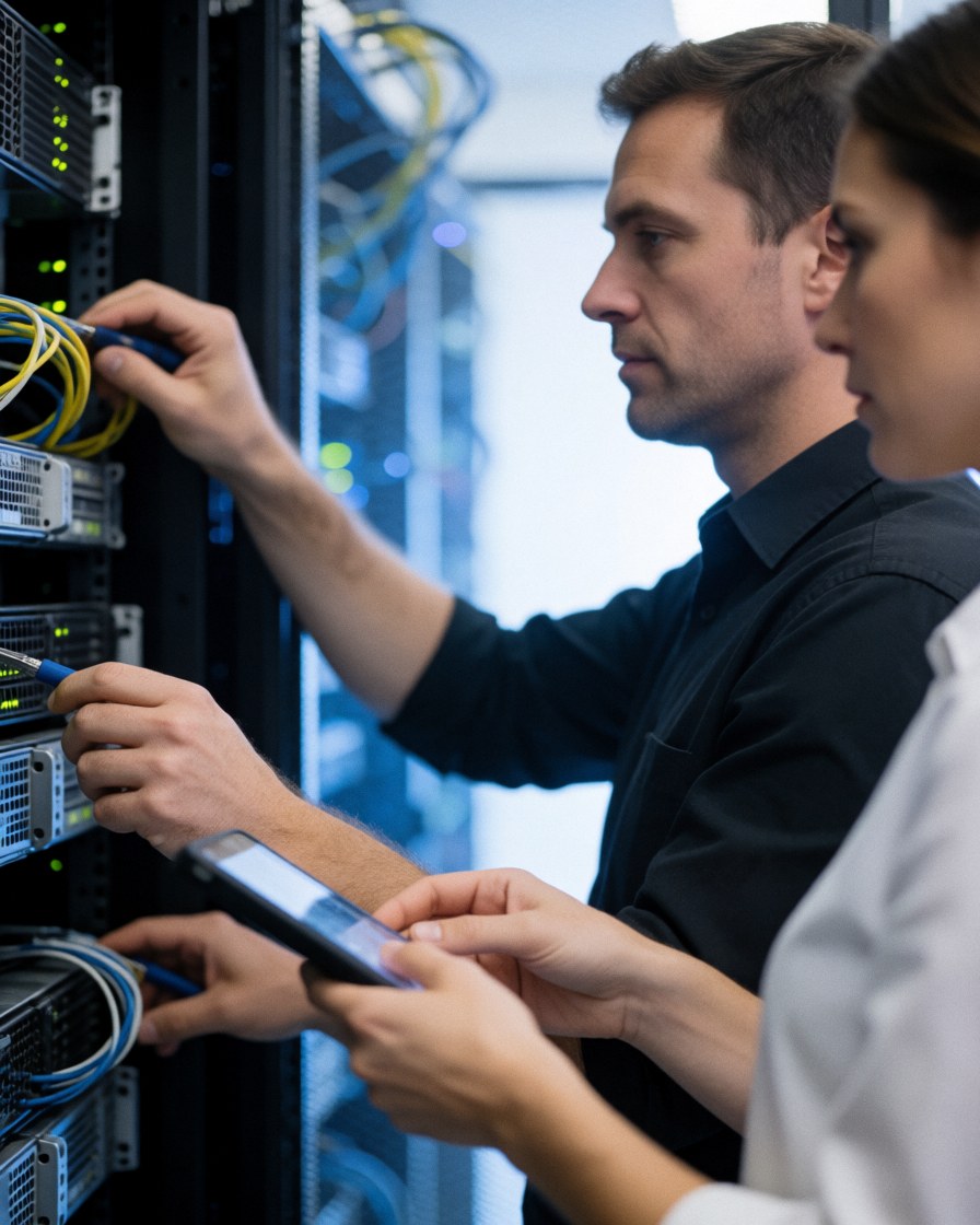Un technicien et une femme connectent des câbles à des serveurs dans un centre de données avec un éclairage bleu et un fond flou.