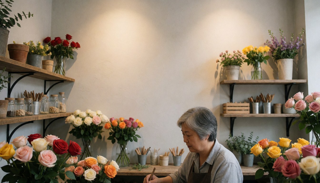 Vue intérieure d'un magasin de fleurs au style rustique avec étagères en bois et éclairage chaleureux.