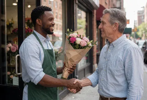 Un jeune fleuriste tend un bouquet à un client âgé devant une boutique, tous deux souriant et se serrant la main.
