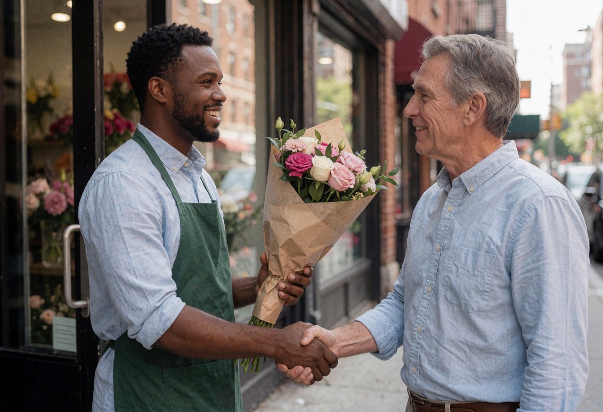Un jeune fleuriste tend un bouquet à un client âgé devant une boutique, tous deux souriant et se serrant la main.
