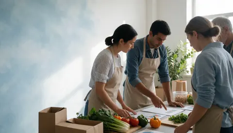 Quatre professionnels en tabliers examinent des documents et des fruits et légumes frais sur une table dans un espace lumineux et ouvert.