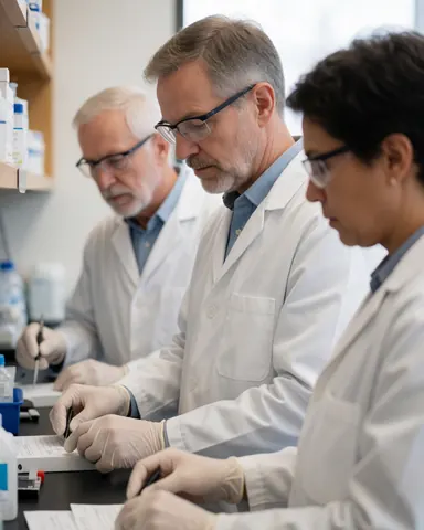 Trois scientifiques en blouse blanche, gants et lunettes de sécurité écrivent des résultats sur du papier à une table.